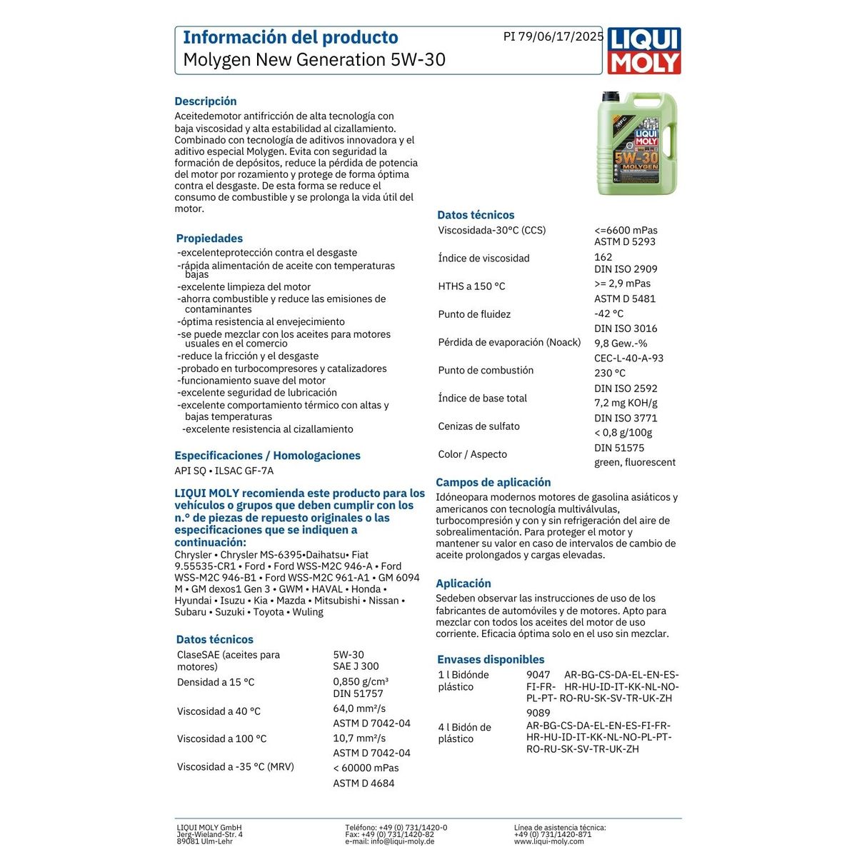 LIQUI MOLY - Aceite Motor Molygen 5w30 Liqui Moly 1 Lt. Gasolina