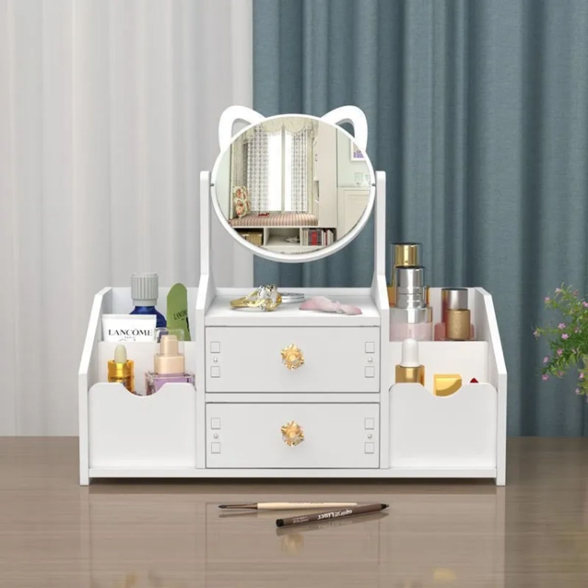 GENERICO - Organizador de Maquillaje Giratorio 360° con Espejo Redondo