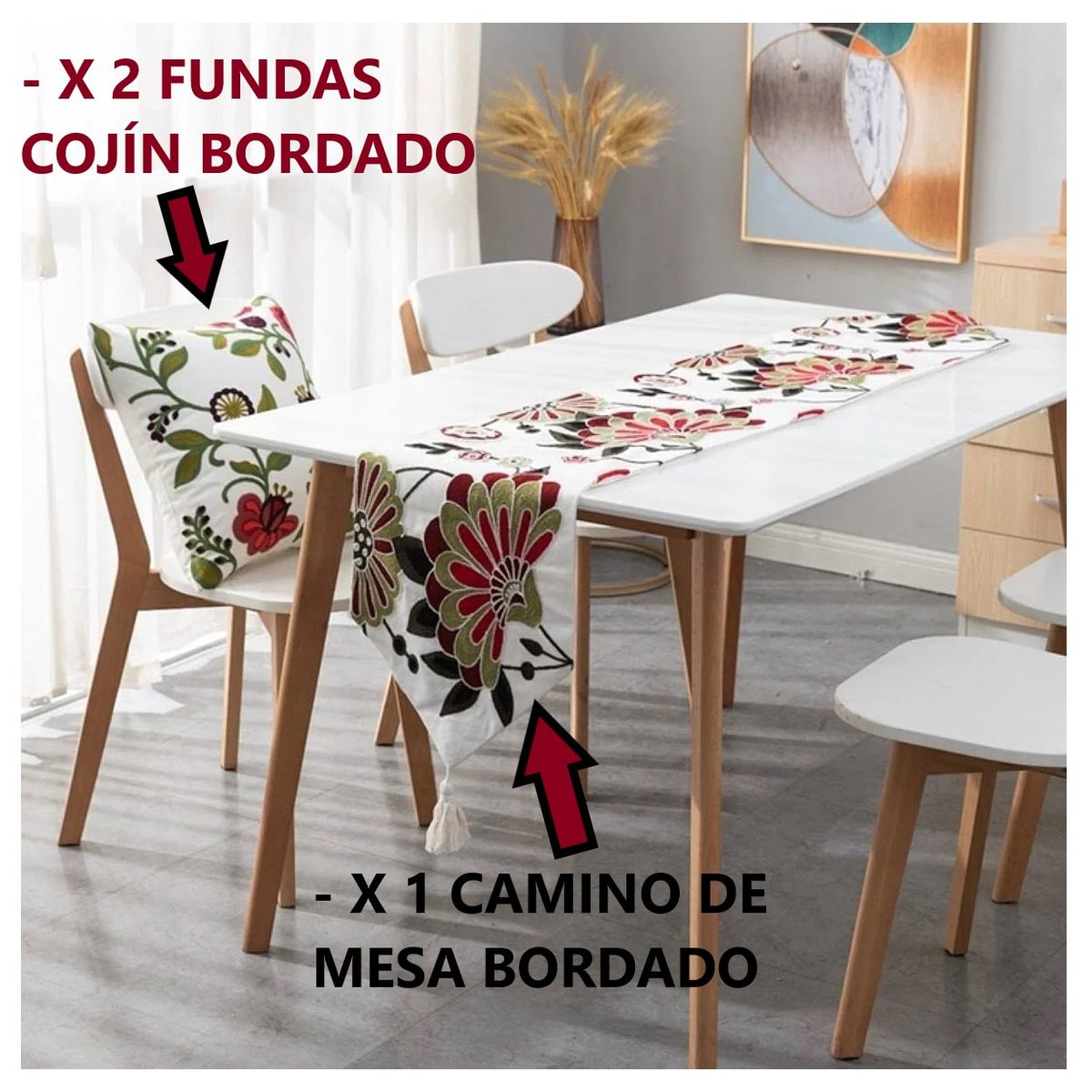 COMPRAPO - Juego Camino de Mesa Bordado + 2 Fundas Flor Abanico 33 x 180 Cm.