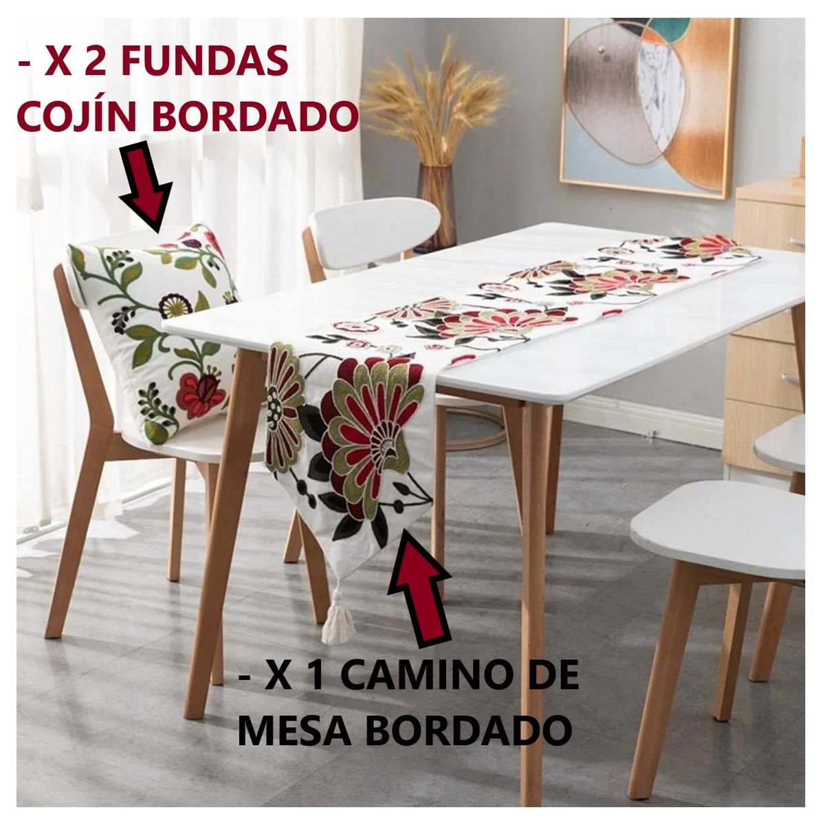 COMPRAPO - Juego Camino de Mesa Bordado + 2 Fundas Flor Abanico 33 x 180 Cm.