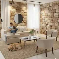 SITIAL HOME - Living 311 Boheme Beige claro seccional mas 2 sitiales de madera