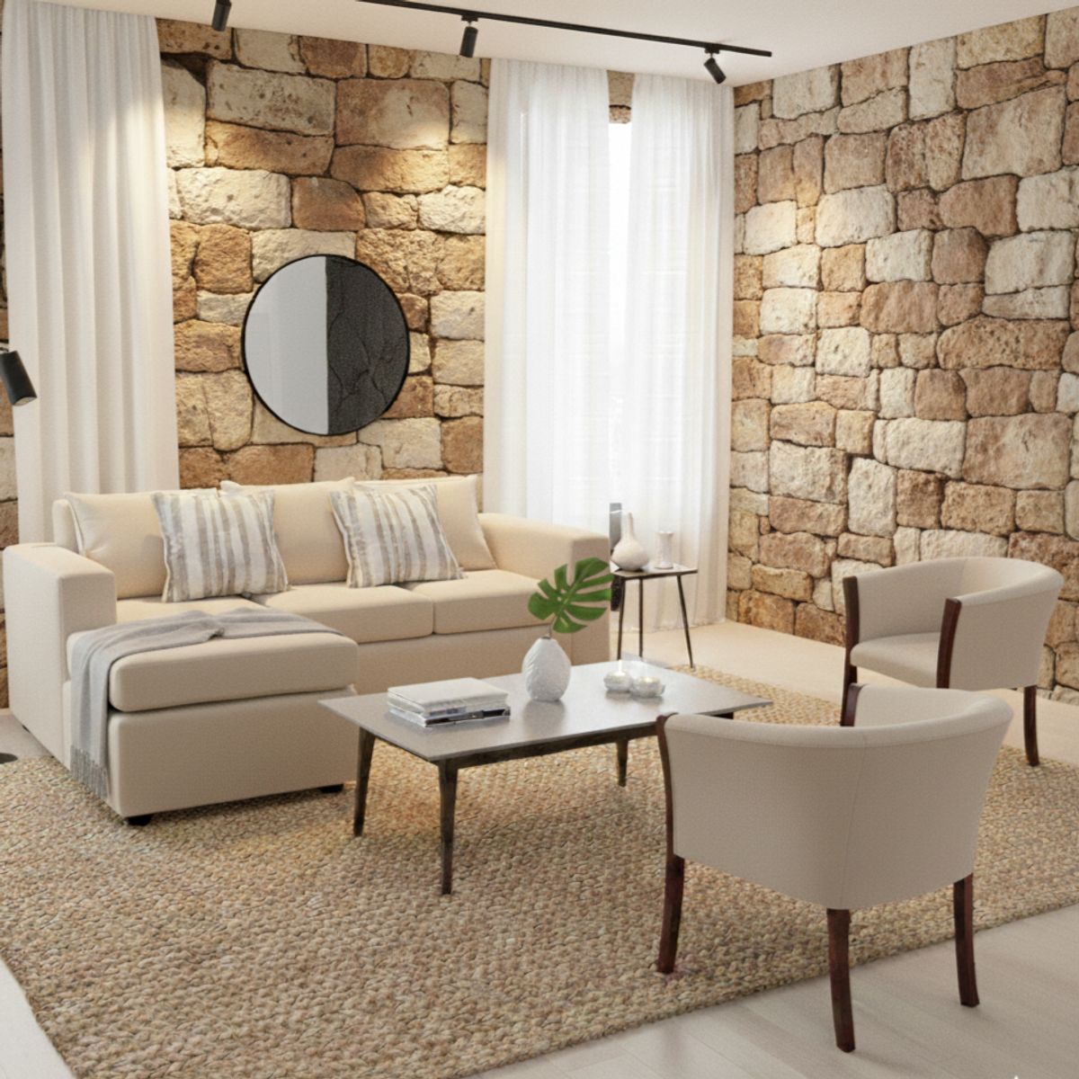 SITIAL HOME - Living 311 Boheme Beige claro seccional mas 2 sitiales de madera