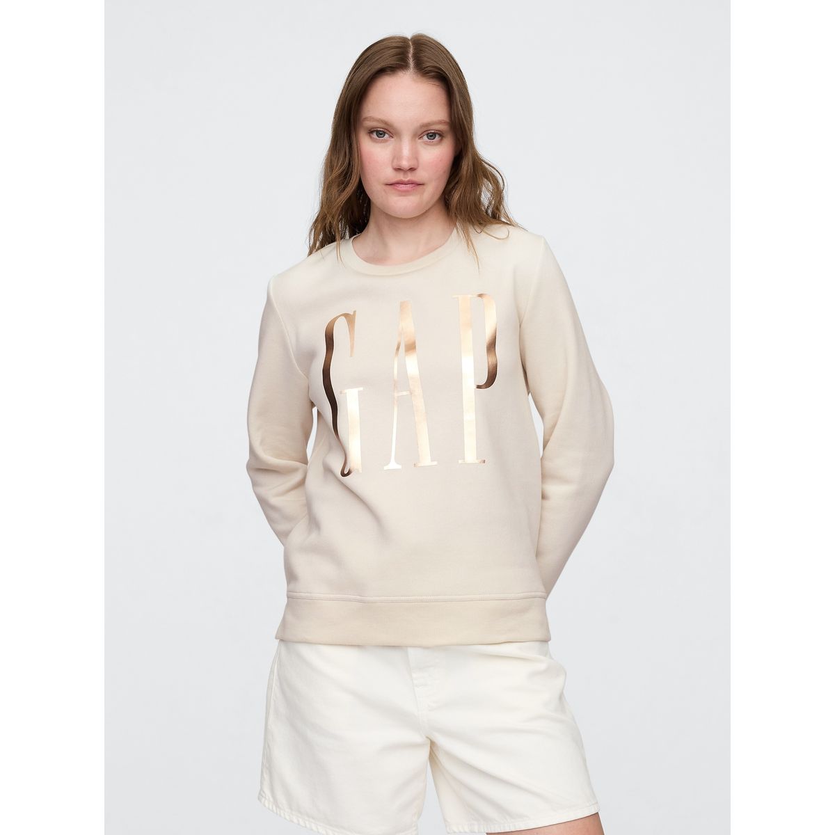 GAP - Poleron Gap Logo Crew Sin Gorro Sin Cierre Mujer Beige