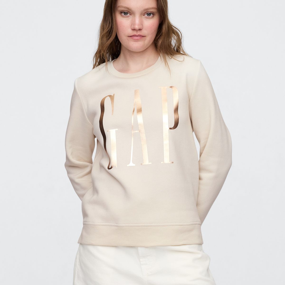 GAP - Poleron Gap Logo Crew Sin Gorro Sin Cierre Mujer Beige