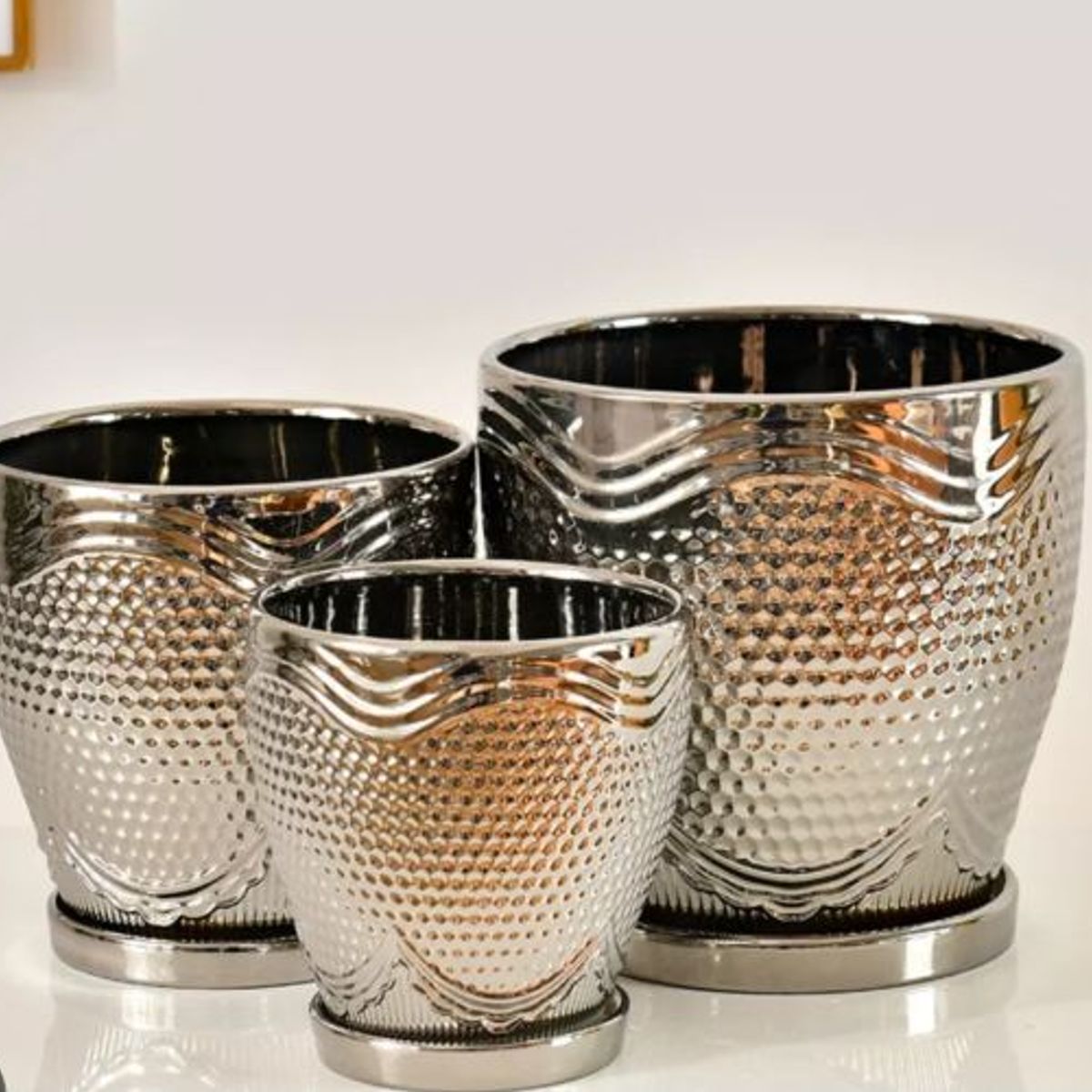 GENERICO - Set 3 Maceteros Ceramica Plateado Elegante