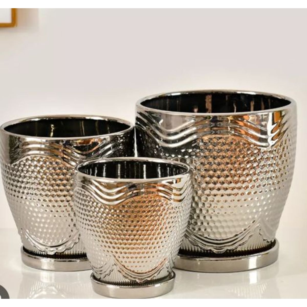 GENERICO - Set 3 Maceteros Ceramica Plateado Elegante