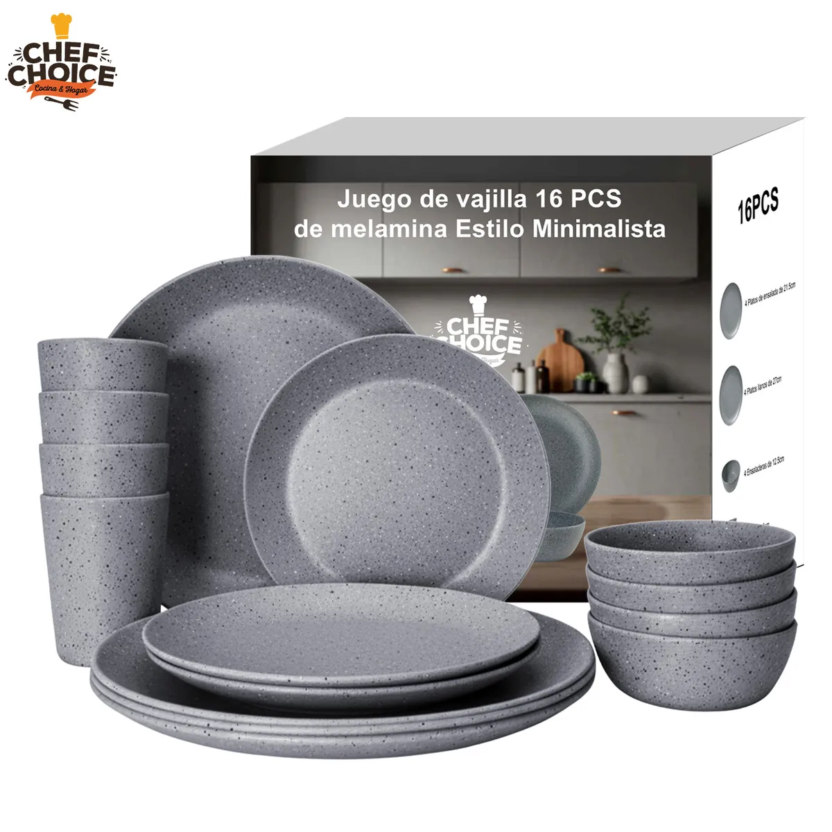 CHEFCHOICE - Set 16 Pcs Juego De Vajilla Completo Melamina Gray Speckled