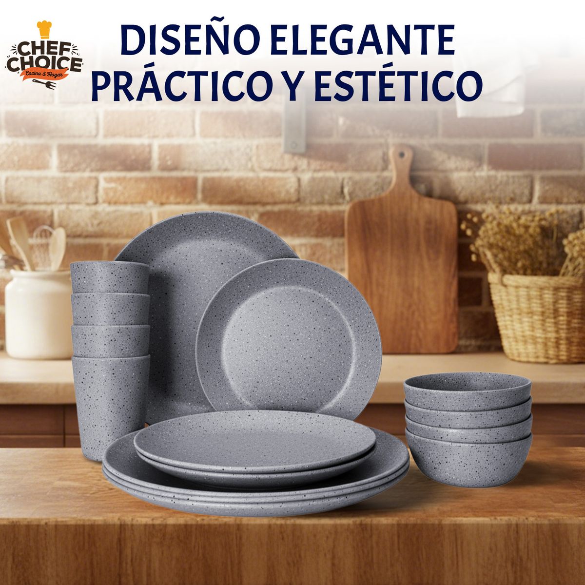 CHEFCHOICE - Set 16 Pcs Juego De Vajilla Completo Melamina Gray Speckled