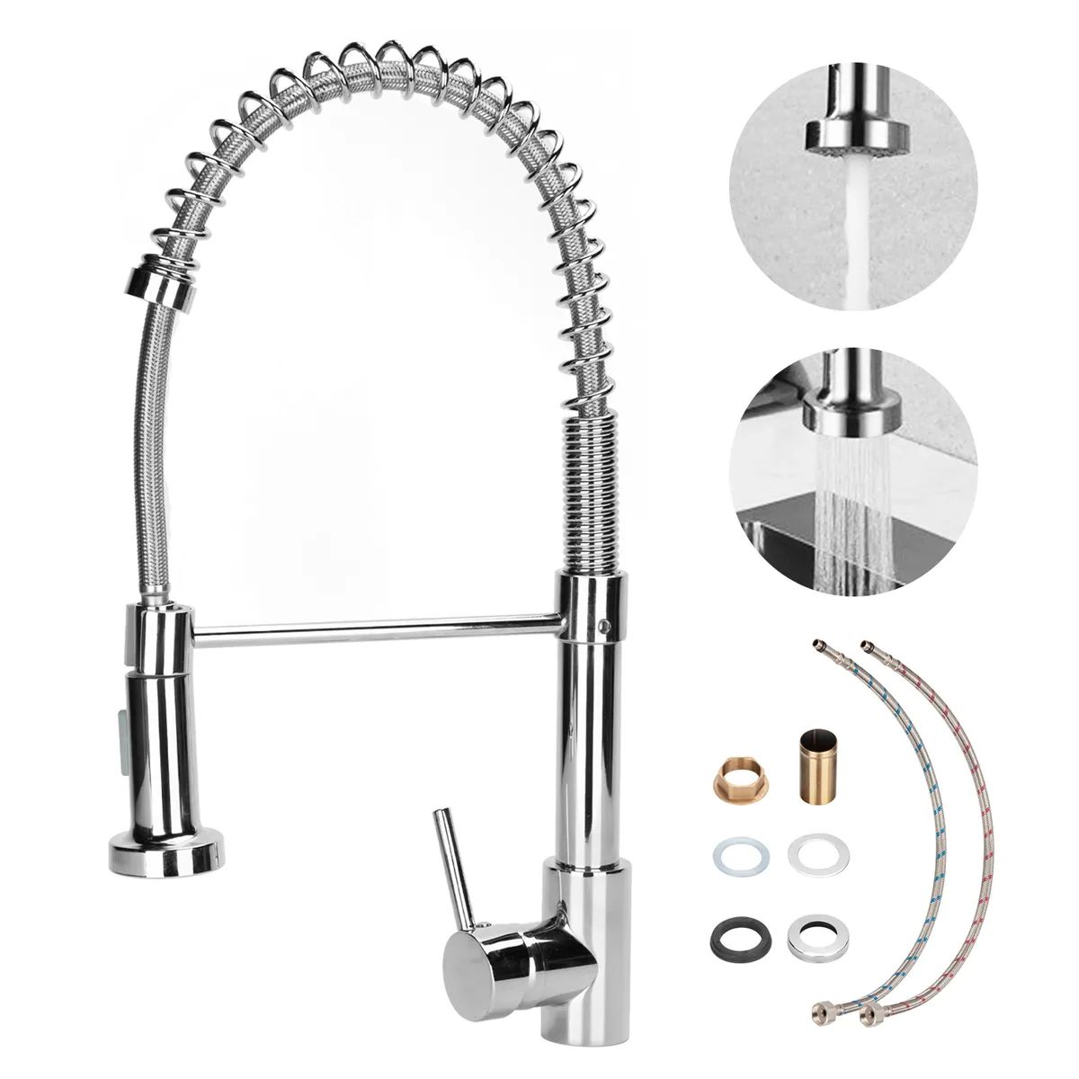 UMEXUS - Grifo Llave Alta Monomando Cocina Rociador Flexible Acero Plateado + 2 Tubos 60cm