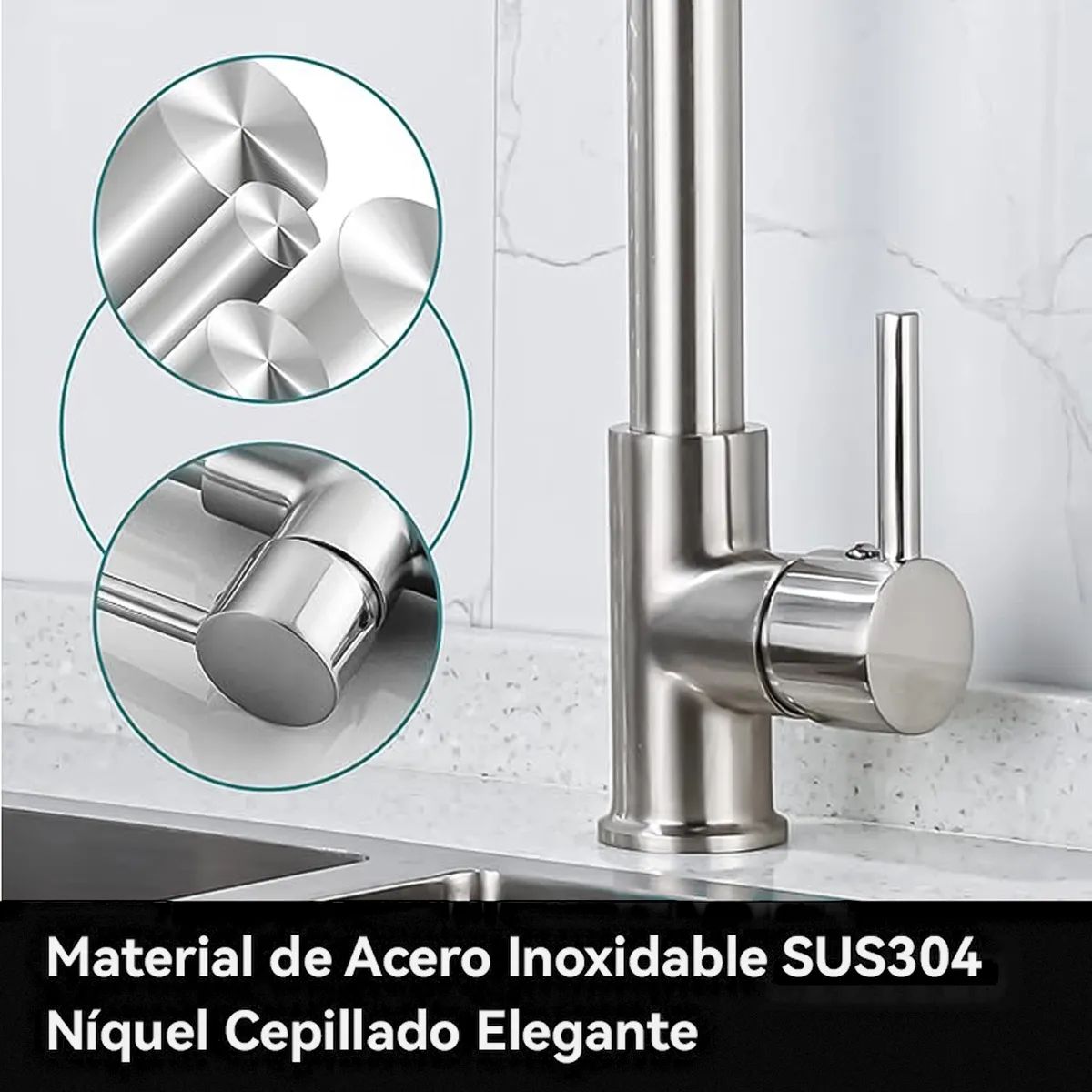 UMEXUS - Grifo Llave Alta Monomando Cocina Rociador Flexible Acero Plateado + 2 Tubos 60cm