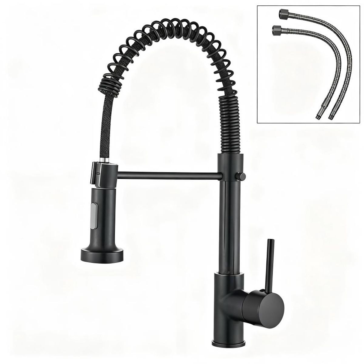 UMEXUS - Llave Alta Monomando Cocina Rociador Flexible Acero Negro + 2 Tubos 60cm