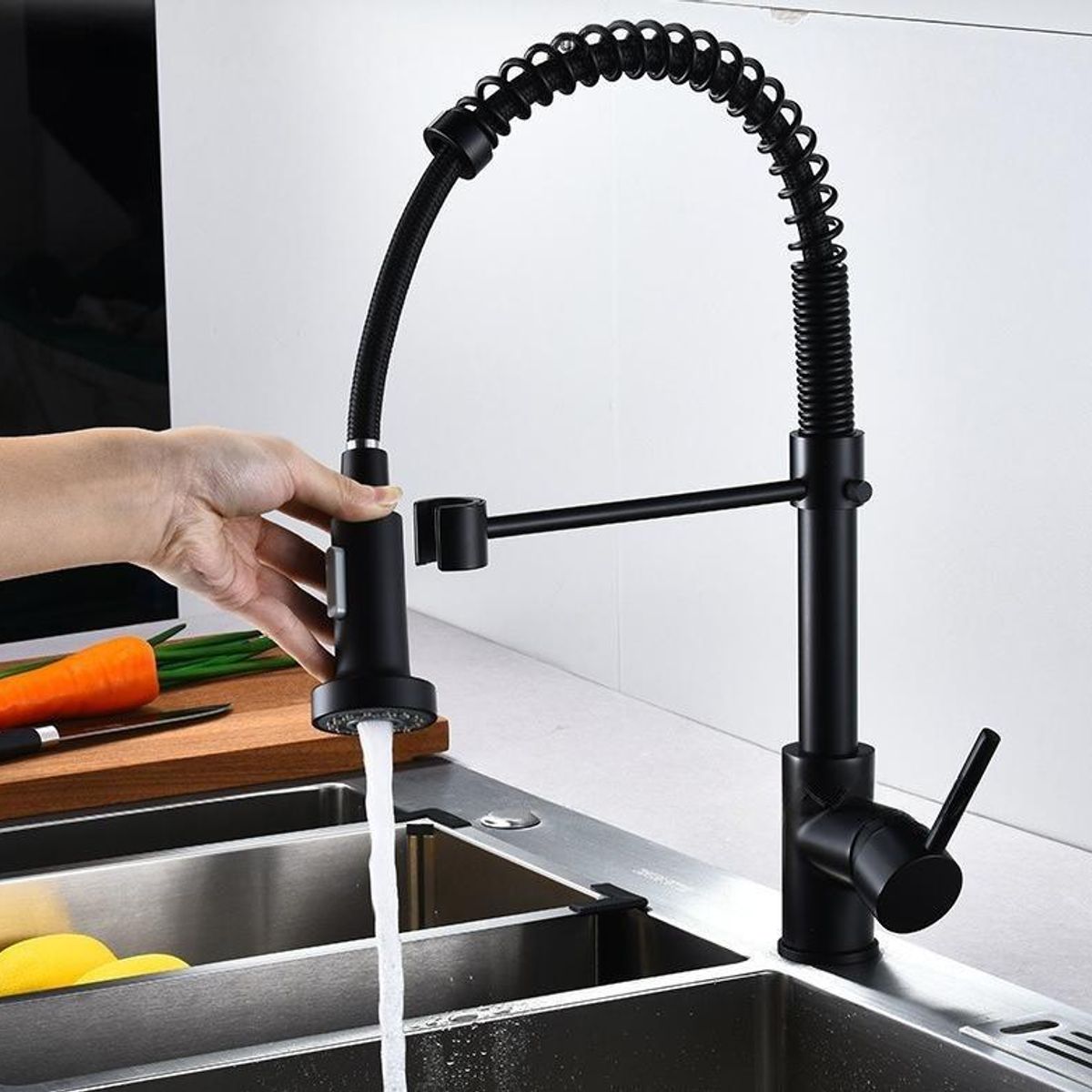 UMEXUS - Llave Alta Monomando Cocina Rociador Flexible Acero Negro + 2 Tubos 60cm