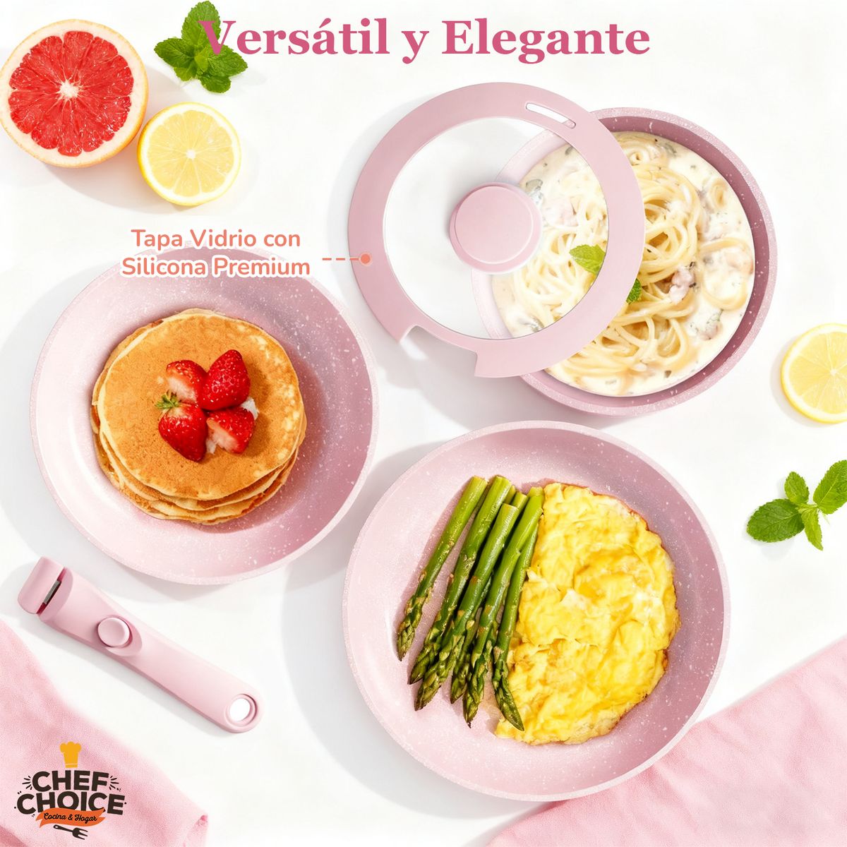 CHEFCHOICE - Batería Cocina 5 Pcs Granito Antiadherente Smart Mango Rosado Macaron