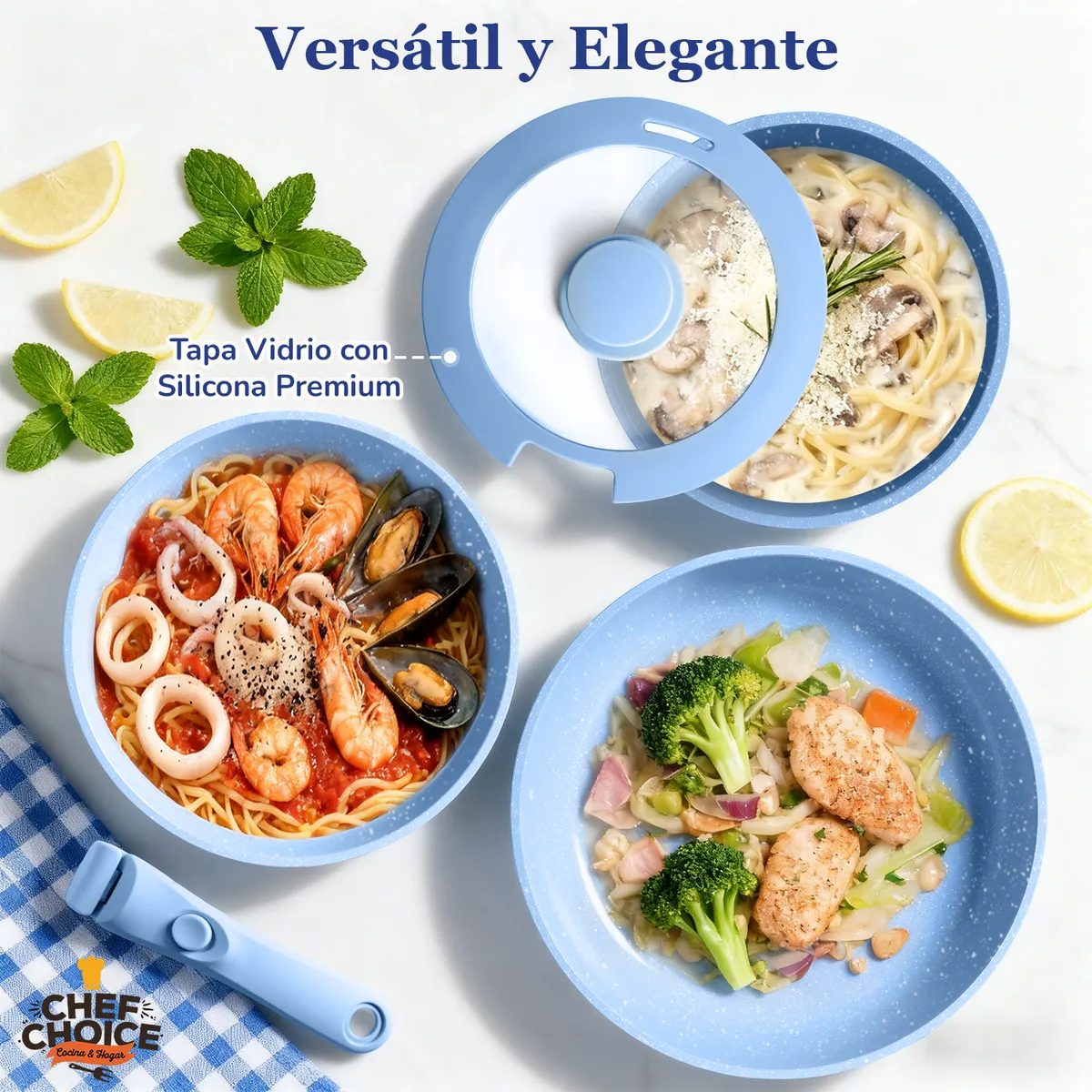 CHEFCHOICE - Batería Cocina 5 Pcs Granito Antiadherente Smart Mango Azul Macaron