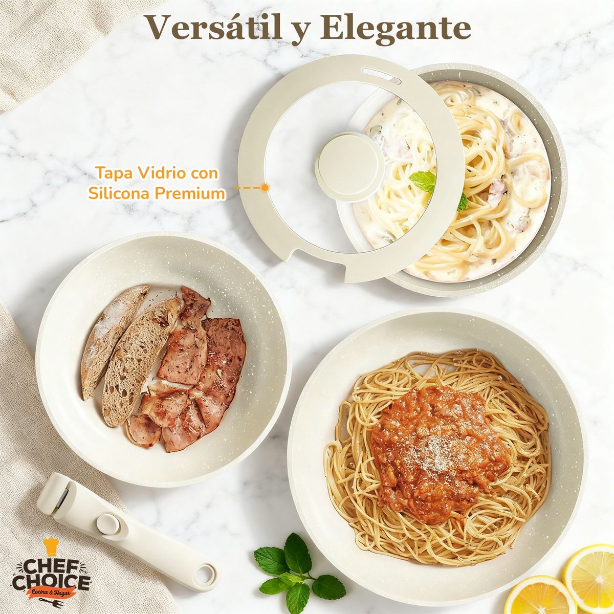 CHEFCHOICE - Batería Cocina 5 Pcs Granito Antiadherente Smart Mango Crema Macaron