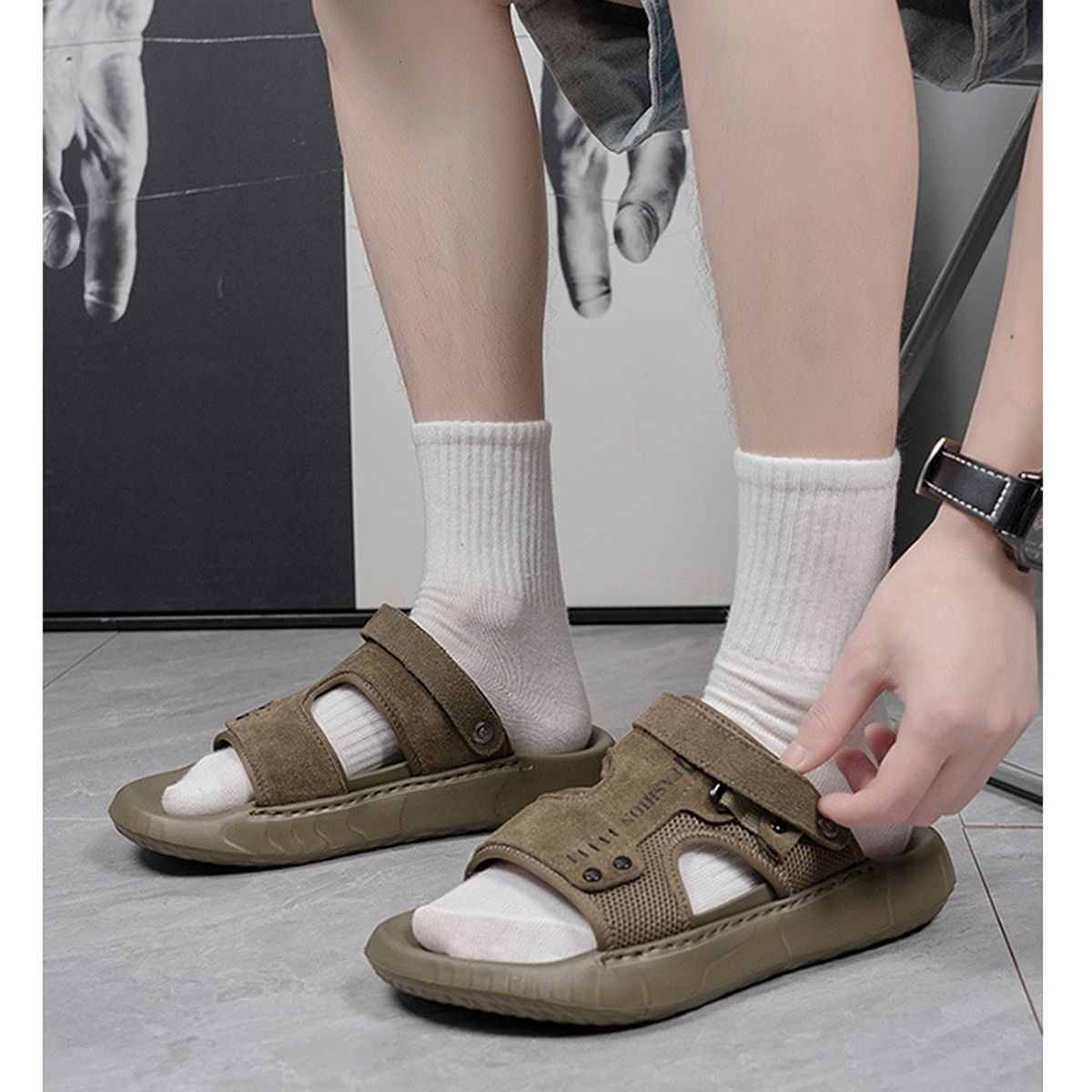 TIOZONEY - Sandalias abiertas para hombre-Verde