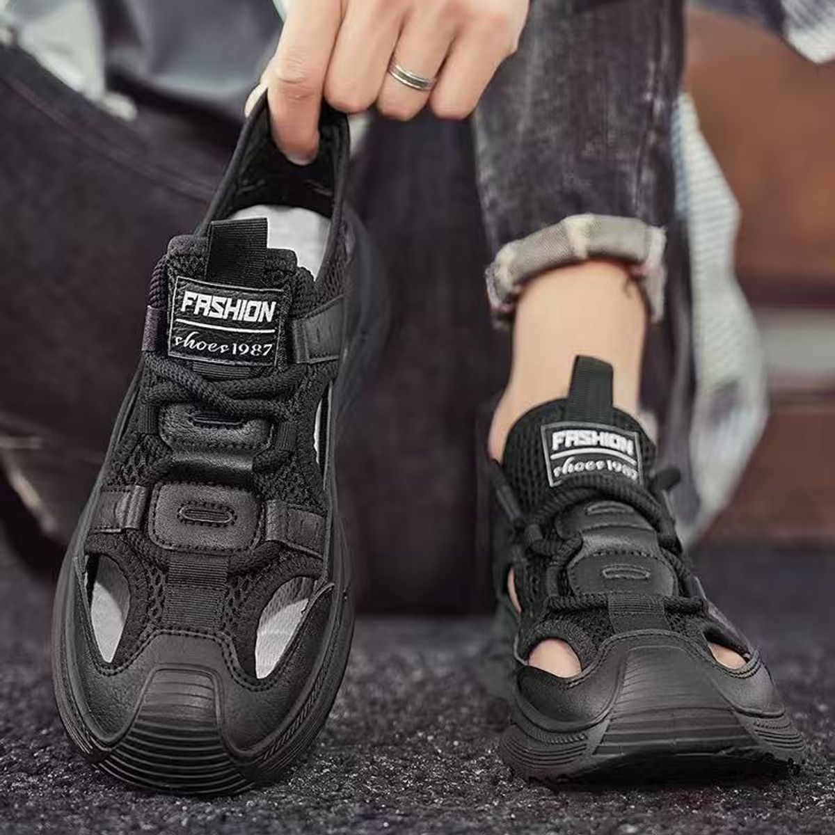 TIOZONEY - Sandalias abiertas para hombre-Negro