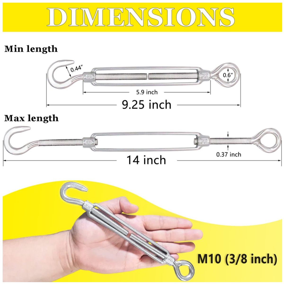 KUANGYE - 12 Pcs Gancho De Tensor De Alambre M10 Galvanizado Piola Acero