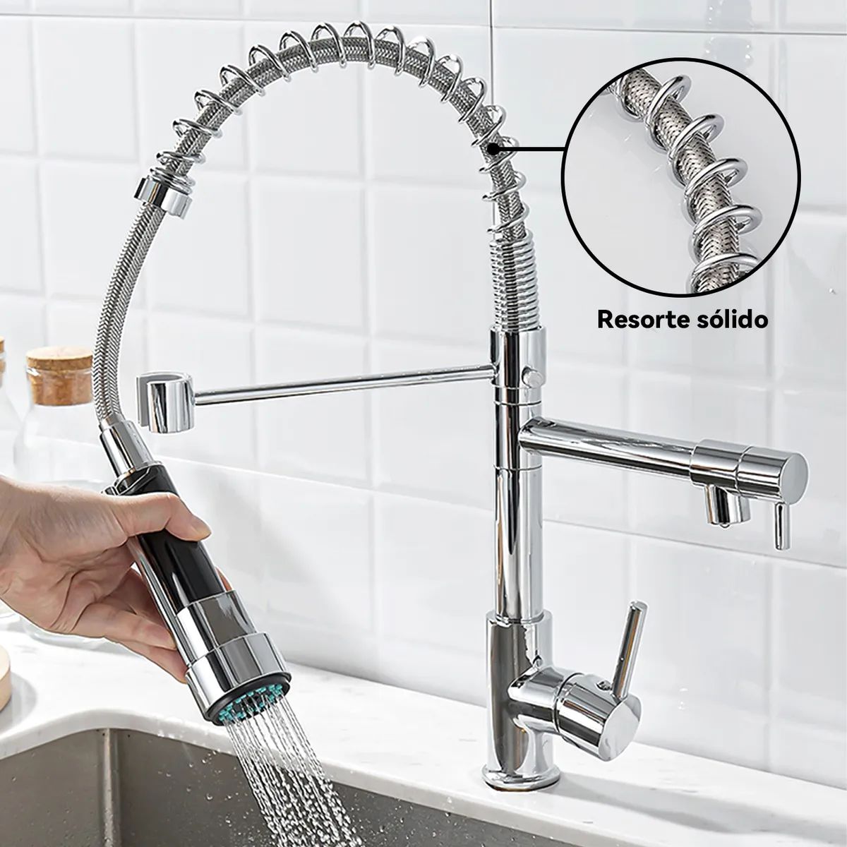 UMEXUS - Cocina Giratoria Monomando Triple Lavaplatos Flexible Plateado+ 2 Tubos 60cm