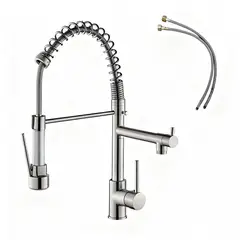 UMEXUS - LLave Cocina Giratoria Monomando Triple Lavaplatos Flexible Plateado+ 2 Tubos 60cm