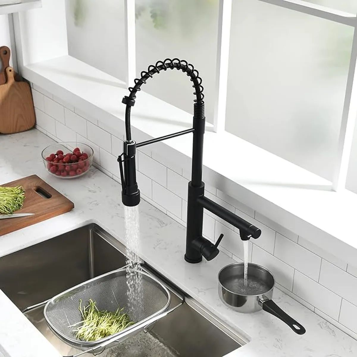 UMEXUS - Cocina Giratoria Monomando Triple Lavaplatos Flexible Negro+ 2 Tubos 60cm