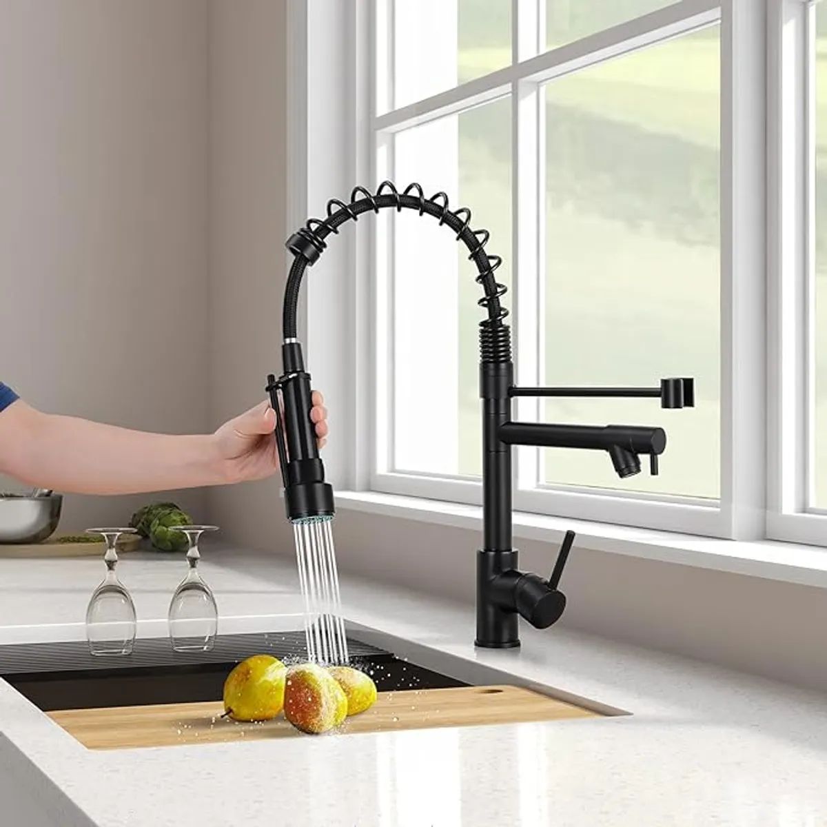 UMEXUS - Cocina Giratoria Monomando Triple Lavaplatos Flexible Negro+ 2 Tubos 60cm