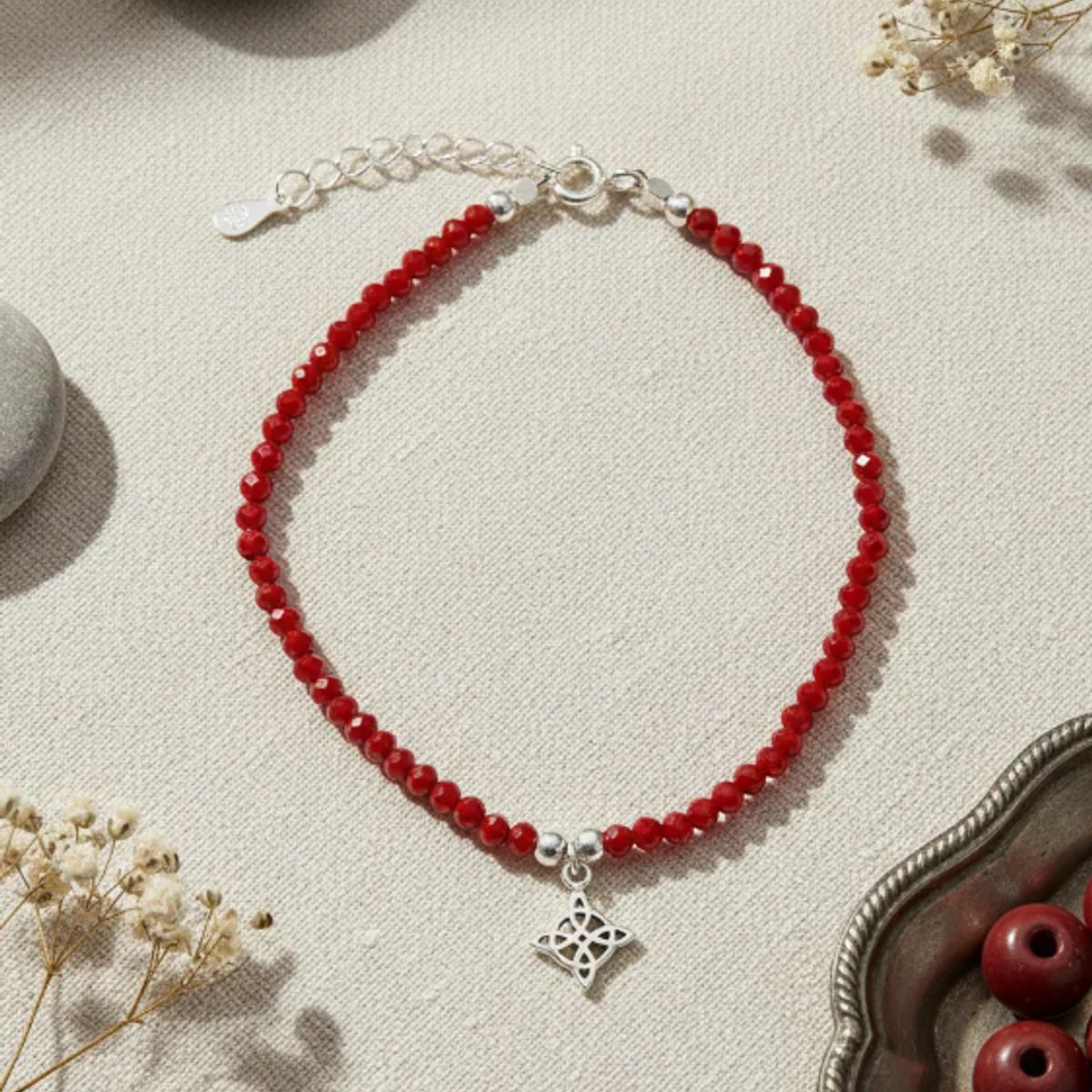 GENERICO - pulsera nudo de brujas proteccion plata 925 cristales rojos