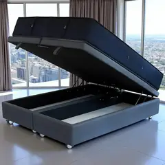 BLOCCARE - Cama Baul 2 Plazas L190 + Colchon CIC PREMIUM / Con Ruedas LOGO (Gris)