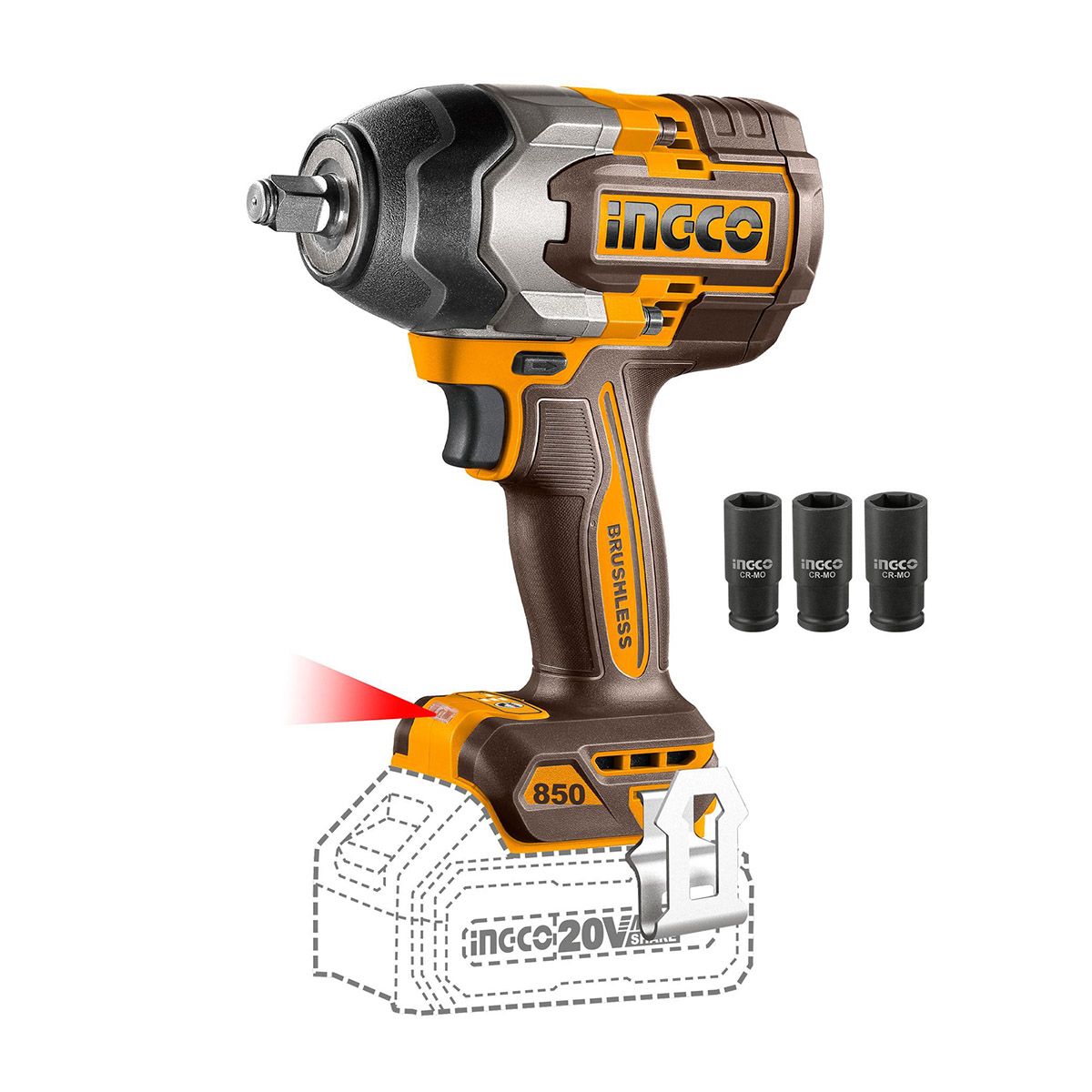 INGCO - Pistola de Impacto BL Inalámbrica Industrial 1/2" 20V/800Nm