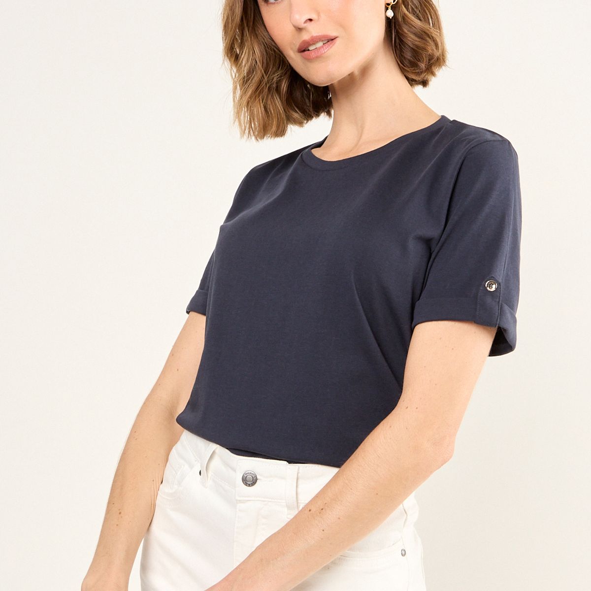 MA GRIFFE - Polera Lisa De Lino Mujer Azul Magriffe