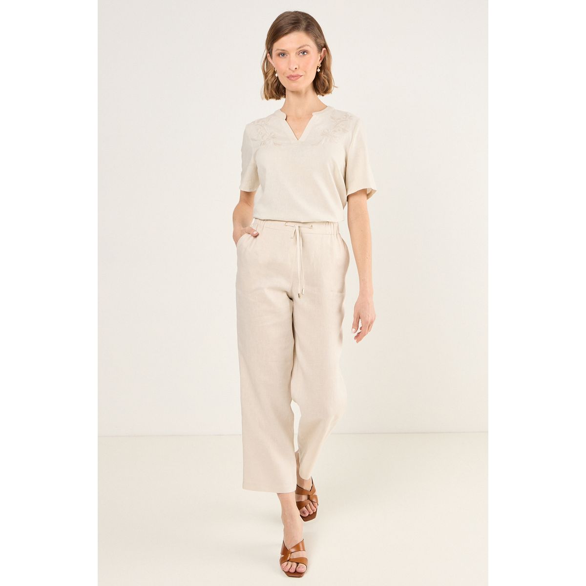 MA GRIFFE - Pantalon De Lino Recto Mujer Beige Magriffe