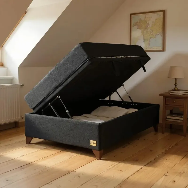 BLOCCARE - Cama Baul 1.5 Plazas + Colchon Black L190/ Patas Madera 11CM Negro.
