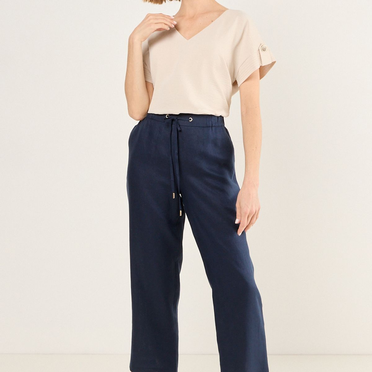 MA GRIFFE - Pantalon De Lino Recto Mujer Azul Magriffe