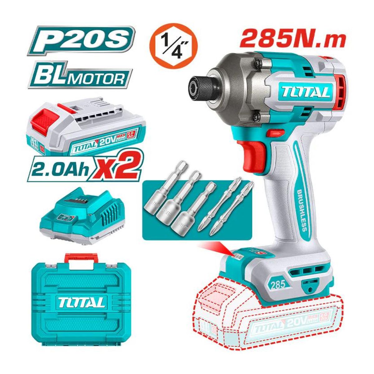 TOTAL TOOLS - ATORNILLADOR IMP 20V TOTAL TIRLI2028-7  14+2BAT  40 AH+CARG +ACC