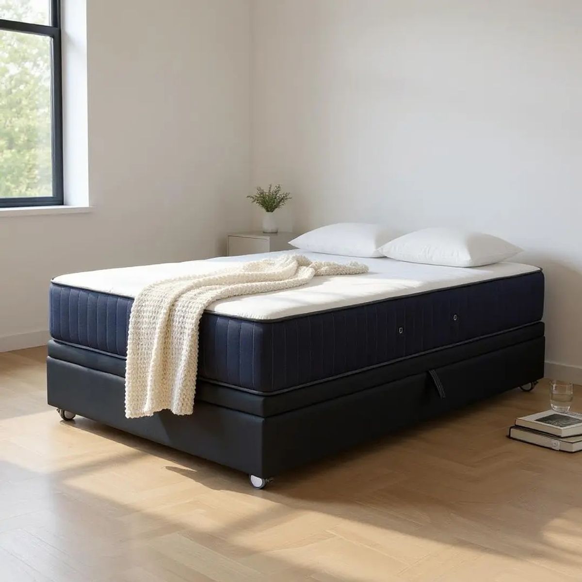 BLOCCARE - Cama Baul 1.5 Plaza L200 + Colchon CIC PREMIUM / Ruedas LOGO (Negro).