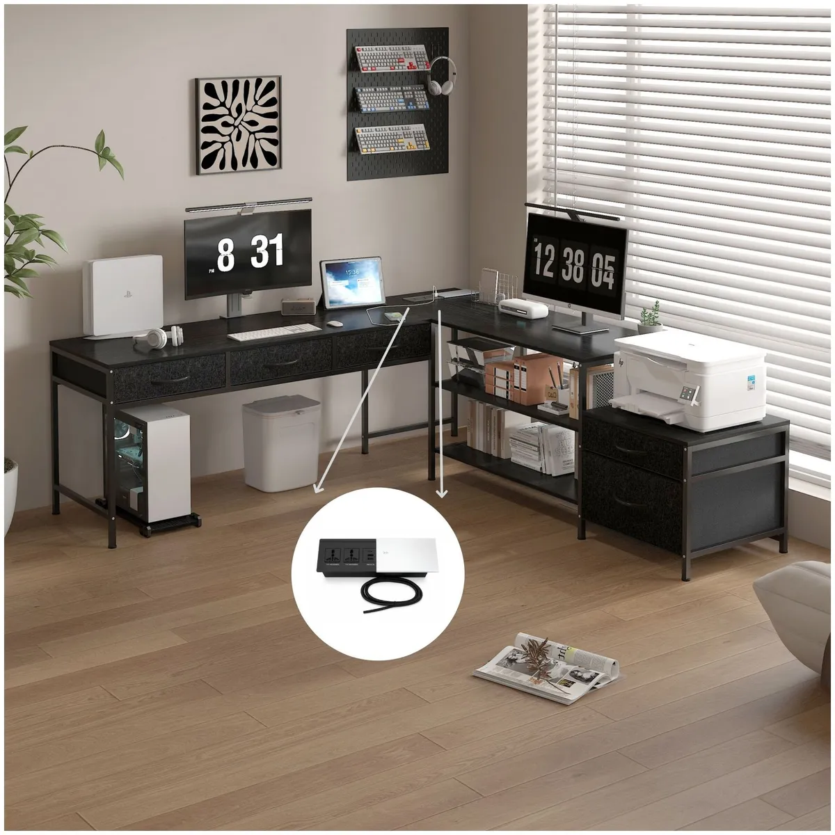 HOMER DESIGN - Escritorio Homeoffice Esquinero Forma L Oficina Convertible CON ENCHUFE-