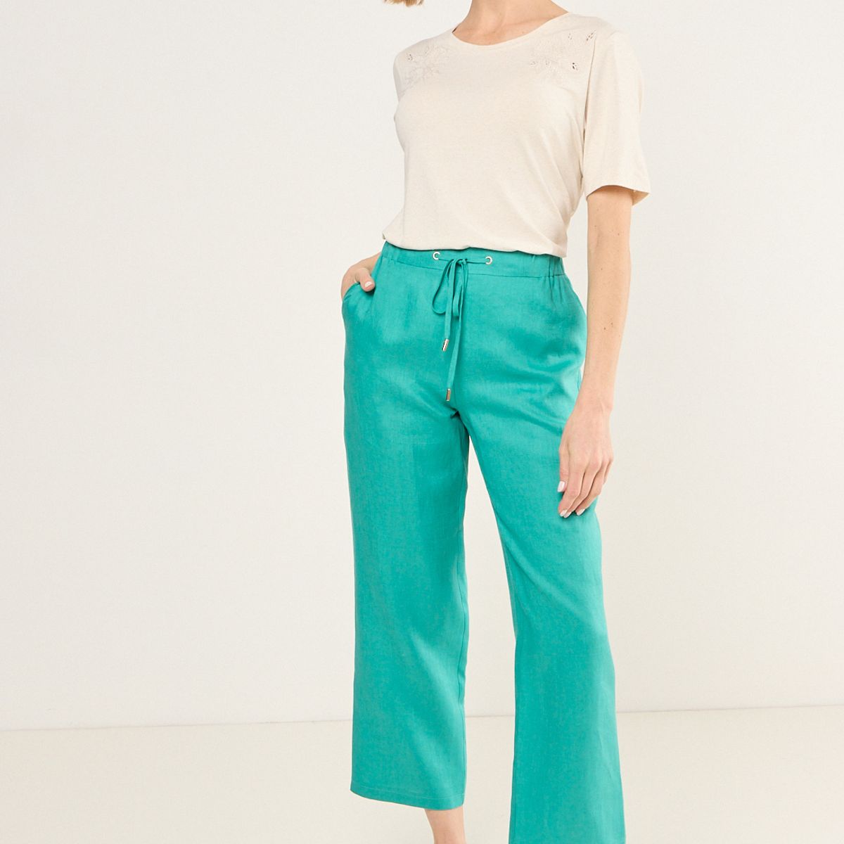 MA GRIFFE - Pantalon De Lino Recto Mujer Verde Magriffe