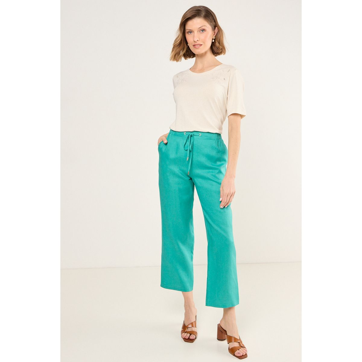 MA GRIFFE - Pantalon De Lino Recto Mujer Verde Magriffe