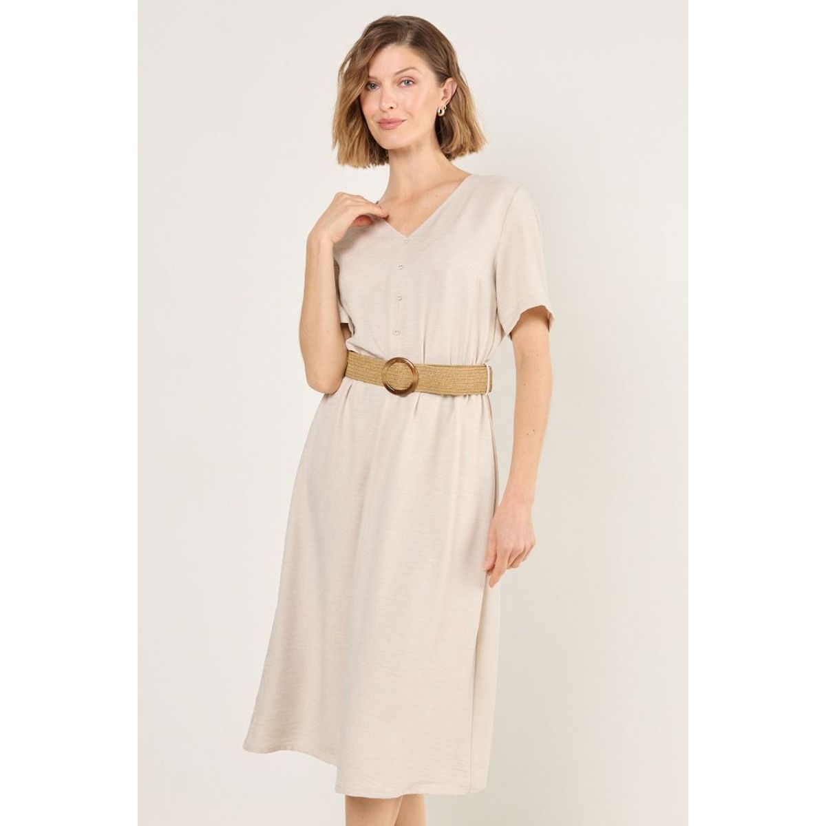 MA GRIFFE - Vestido Con Cinturon Mujer Beige Magriffe