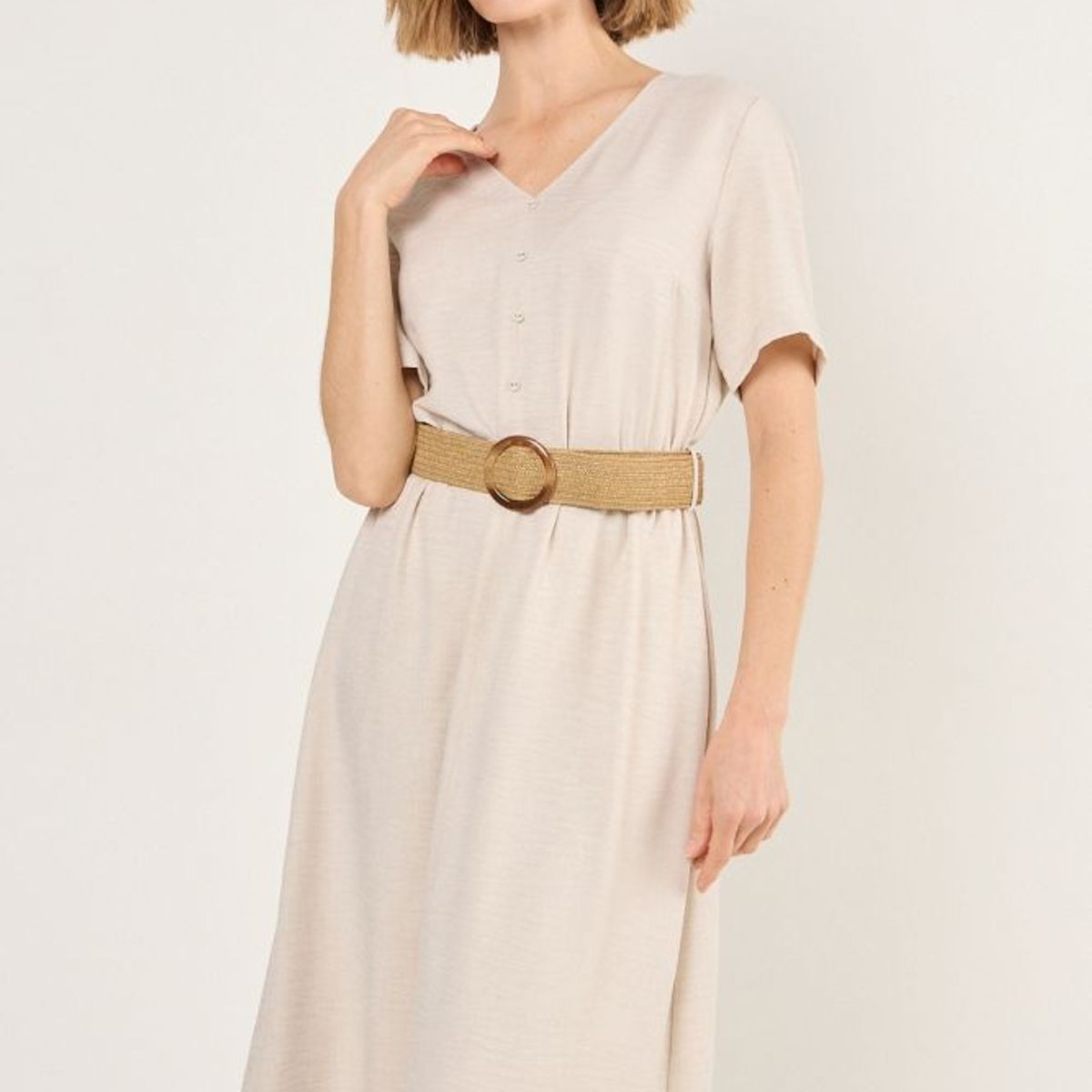 MA GRIFFE - Vestido Con Cinturon Mujer Beige Magriffe