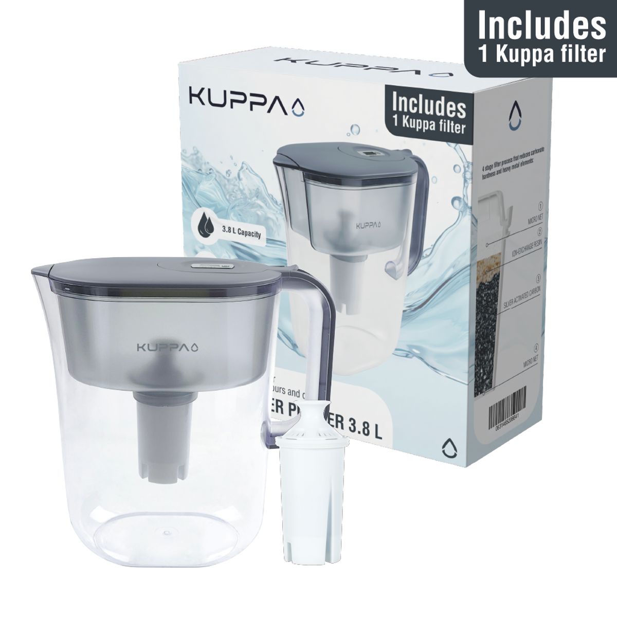 KUPPA - Jarro Purificador De Agua 3.8 Lts Con Filtro Kuppa Gris