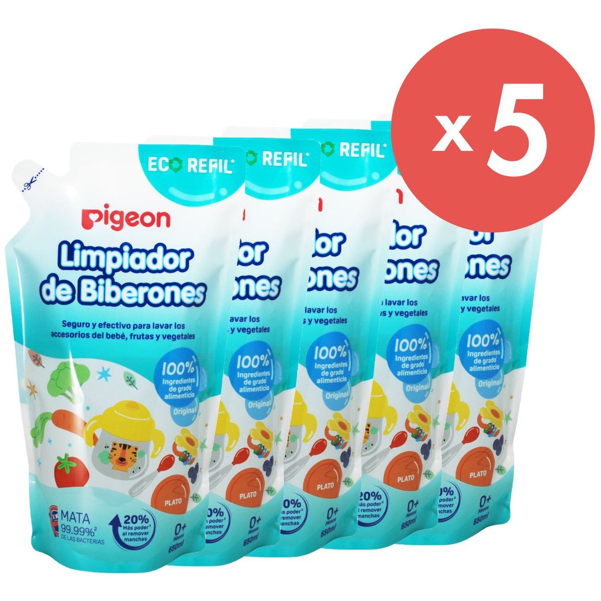 PIGEON - Pack X 5 Limpiador De Biberones Recarga 650 Ml