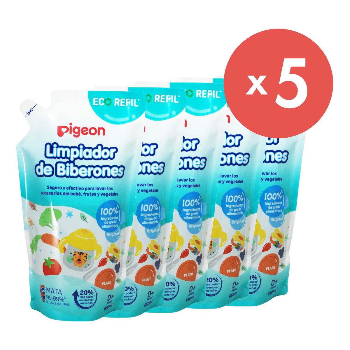 PIGEON - Pack X 5 Limpiador De Biberones Recarga 650 Ml