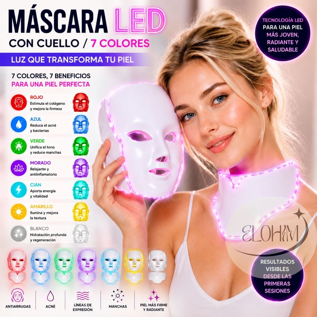 MOVI - “Máscara LED Con/Cuello  7 Colores – Rejuvenecimiento Facial”