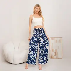AGW - Pantalón de Lino Palazzo Floreado Verano Pretina Alta Elasticados