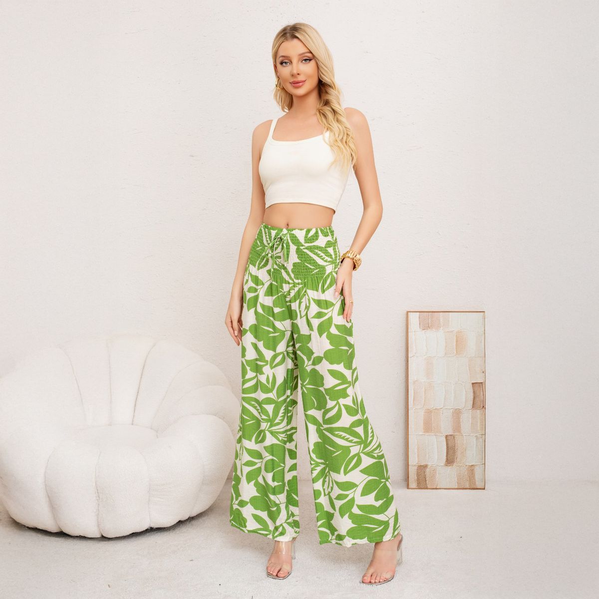 AGW - Pantalón de Lino Palazzo Floreado Verano Pretina Alta Elasticados