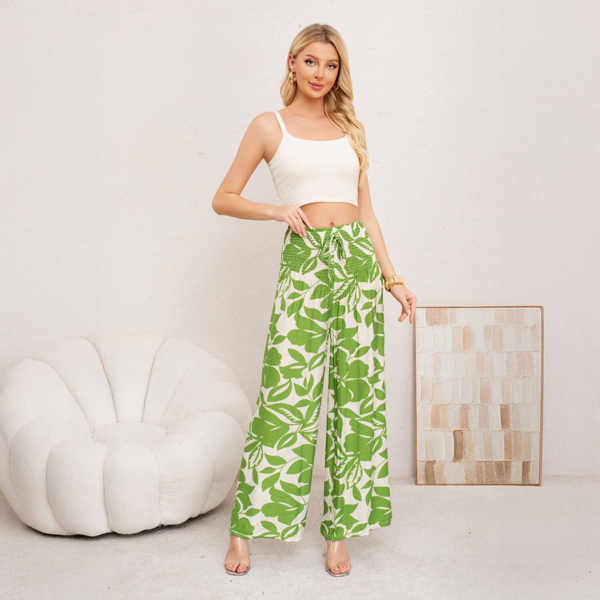 AGW - Pantalón de Lino Palazzo Floreado Verano Pretina Alta Elasticados