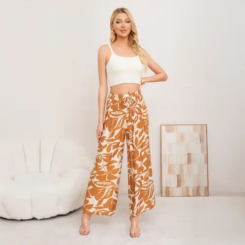 AGW - Pantalón de Lino Palazzo Floreado Verano Pretina Alta Elasticados