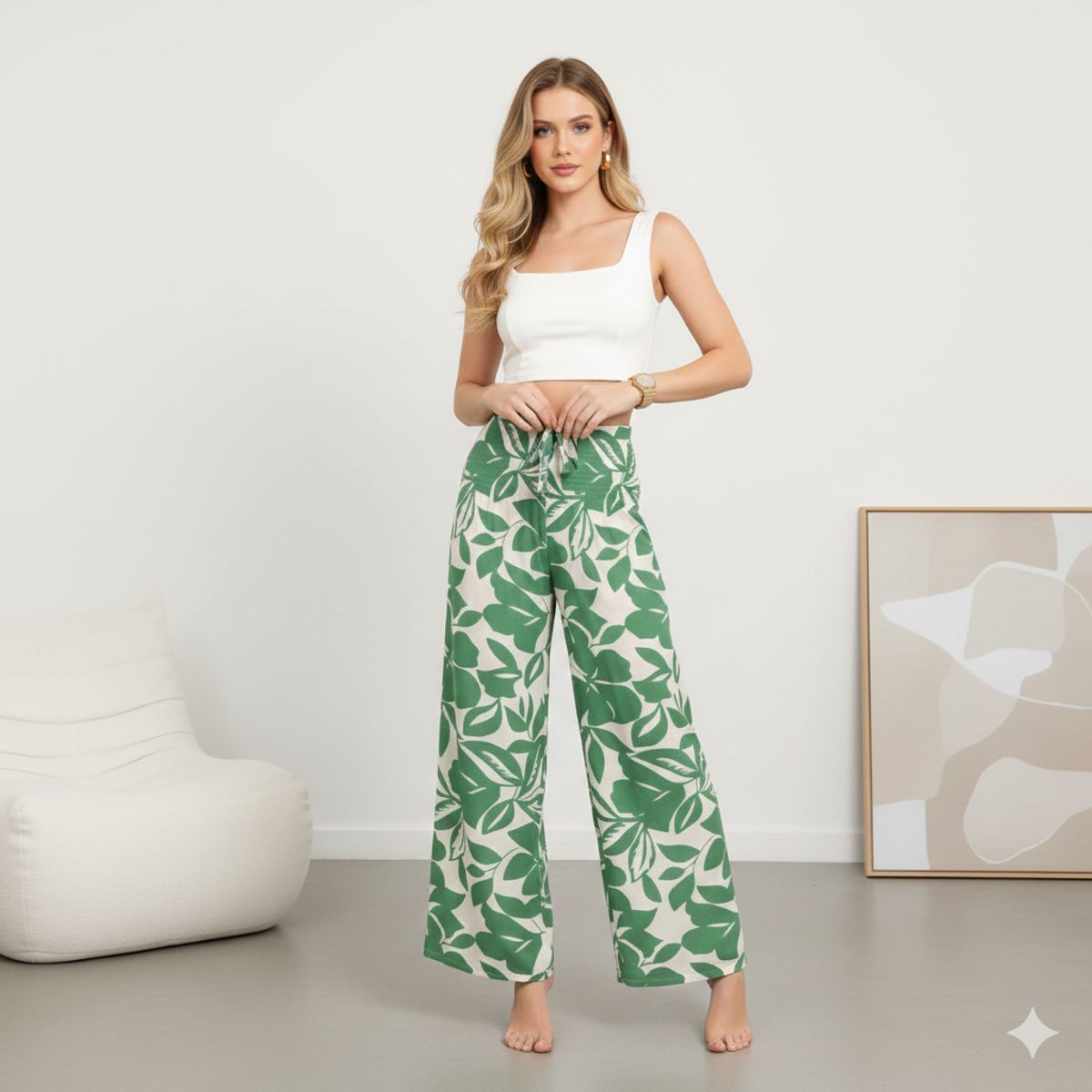 AGW - Pantalón de Lino Palazzo Floreado Verano Pretina Alta Elasticados