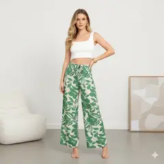 AGW - Pantalón de Lino Palazzo Floreado Verano Pretina Alta Elasticados